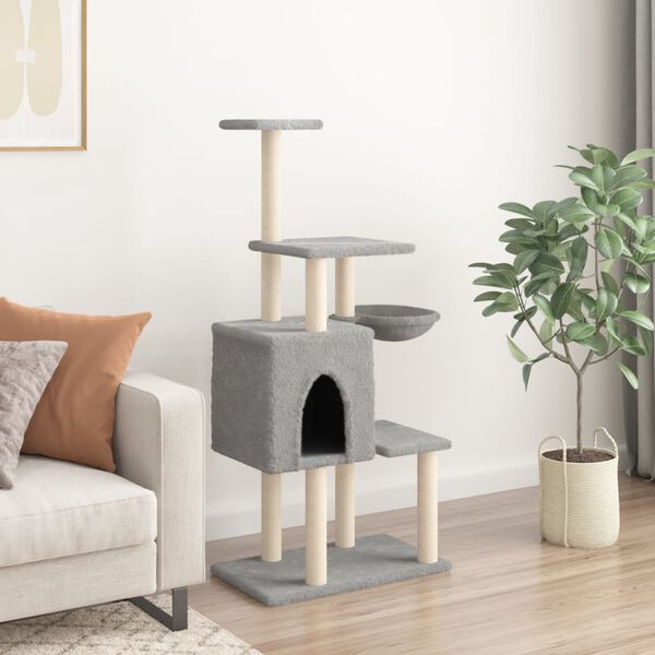 vidaXL Albero per Gatti con Tiragraffi in Sisal Grigio Chiaro 131 cm