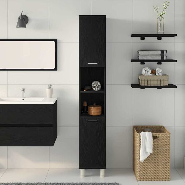 vidaXL Mobile da Bagno Rovere Nero 30 x 30 x 179 cm Legno multistrato