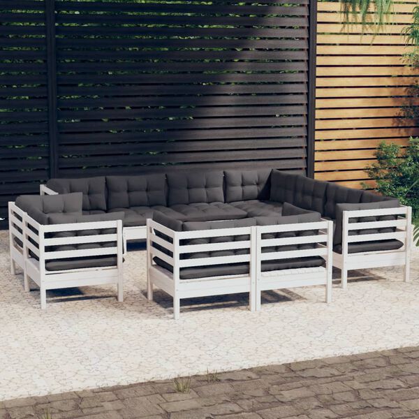 vidaXL Set Divani da Giardino 11 pz con Cuscini Bianchi Legno di Pino