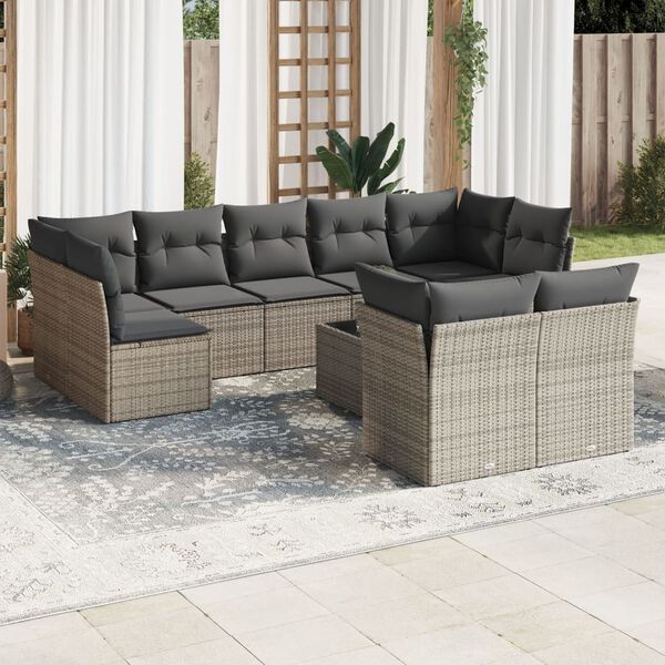 vidaXL Set Divano da Giardino 10 pz con Cuscini Grigio in Polyrattan