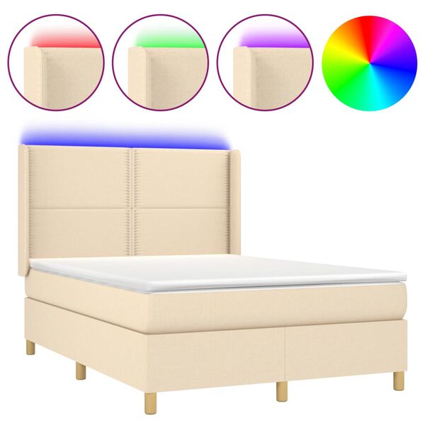 vidaXL Letto a Molle con Materasso e LED Crema 140x190 cm in Tessuto