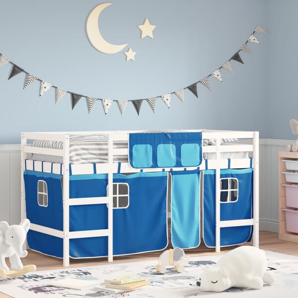 vidaXL Letto a Soppalco con Tende Bambini Blu 90x200 cm Massello Pino