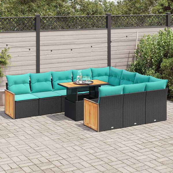 vidaXL Set Divani da Giardino 11 pz con Cuscini Polyrattan Acacia Nero