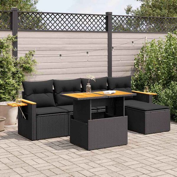 vidaXL Set Divano da Giardino 6 pz con Cuscini Nero Polyrattan Acacia