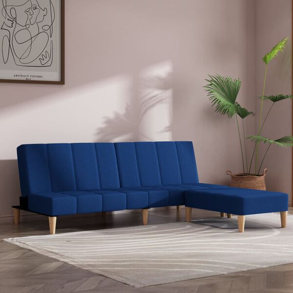 vidaXL Divano Letto a 2 Posti con Pouf Blu in Tessuto