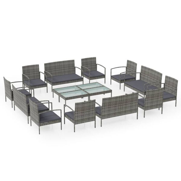vidaXL Set Divani da Giardino 16 pz con Cuscini in Polyrattan Grigio