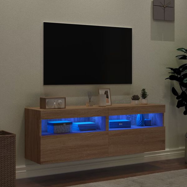 vidaXL Mobili TV a Parete con Luci LED 2pz Rovere Sonoma 60x30x40 cm