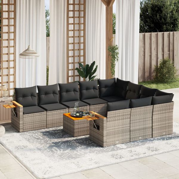 vidaXL Set Divani da Giardino 11 pz con Cuscini in Polyrattan Grigio