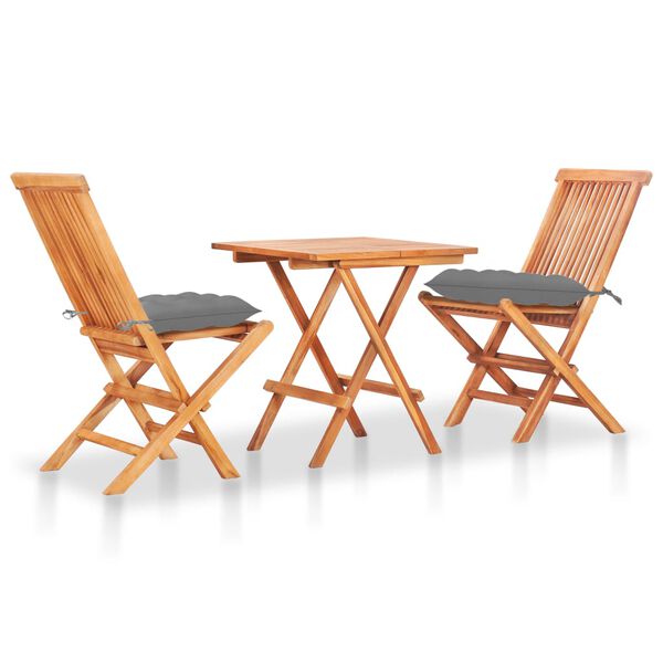 vidaXL Set da Bistrot 3 pz con Cuscini Grigi in Legno Massello di Teak