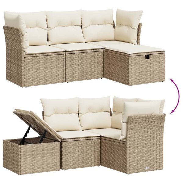 vidaXL Set Divano da Giardino 4 pz con Cuscini Beige in Polyrattan