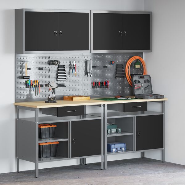 vidaXL Set banco da lavoro con cassetto con blocco 8 pcs Nero e Grigio