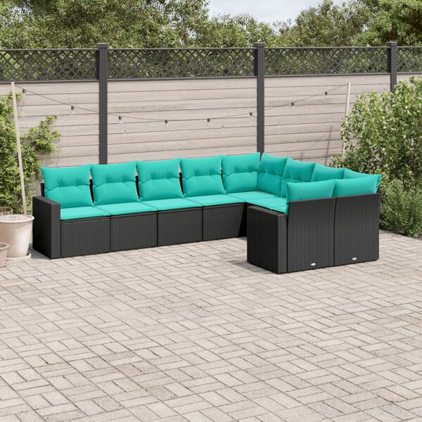 vidaXL Set Divani da Giardino 9 pz con Cuscini Nero in Polyrattan