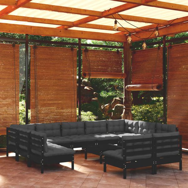 vidaXL Set Divani da Giardino 12 pz con Cuscini Neri in Legno di Pino