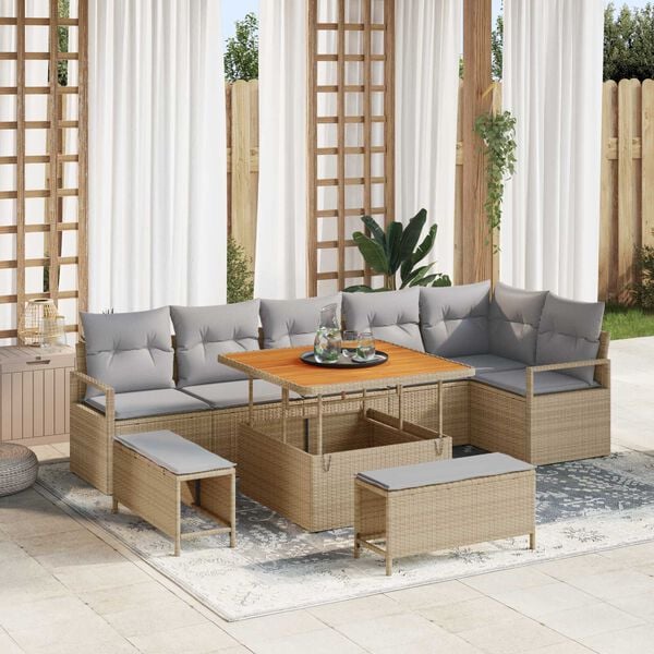 vidaXL Set Divano da Giardino con cuscino 9 pcs Beige Poly Rattan