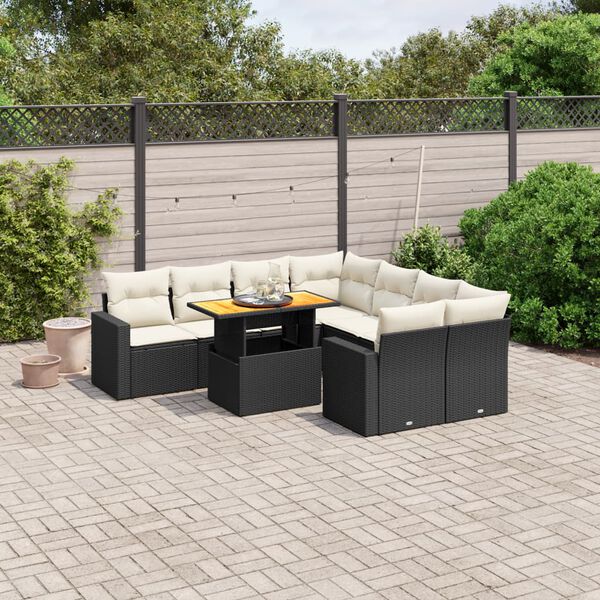 vidaXL Set Divani da Giardino 9 pz con Cuscini Nero in Polyrattan