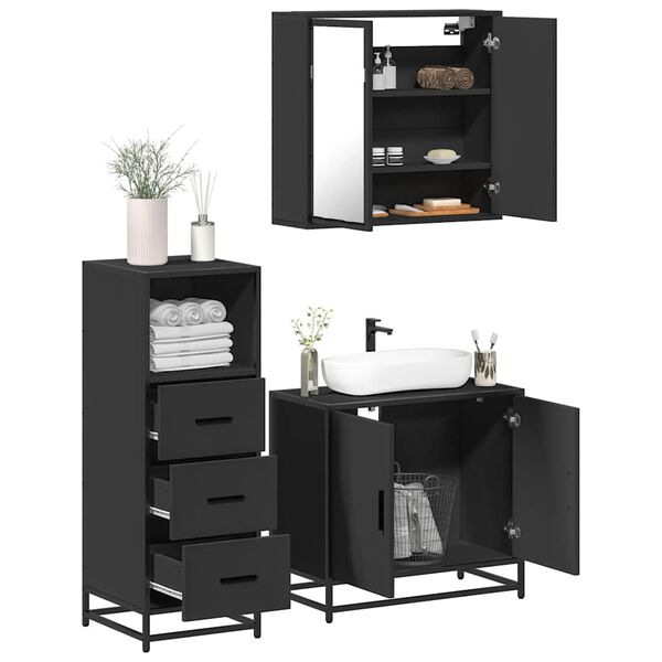 vidaXL Set Mobili da Bagno 3 pz Nero in Legno Multistrato