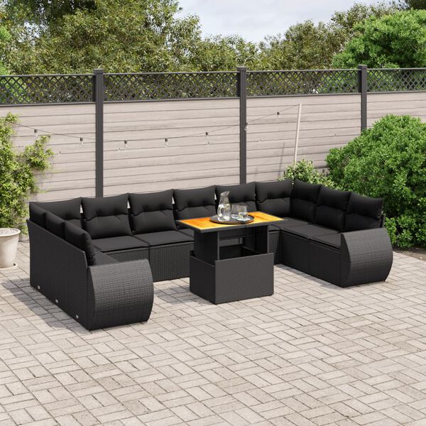 vidaXL Set Divani da Giardino 11 pz con Cuscini in Polyrattan Nero