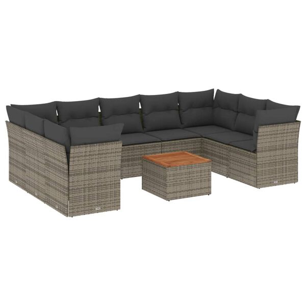 vidaXL Set Divano da Giardino 10 pz con Cuscini Grigio in Polyrattan