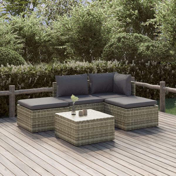 vidaXL Set Divani da Giardino 5 pz con Cuscini in Polyrattan Grigio