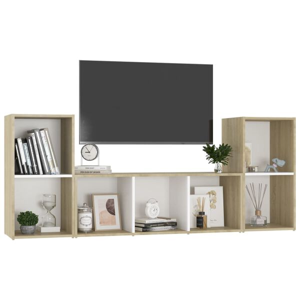 vidaXL Set Mobile TV 3 pz Bianco e Sonoma in Legno Multistrato
