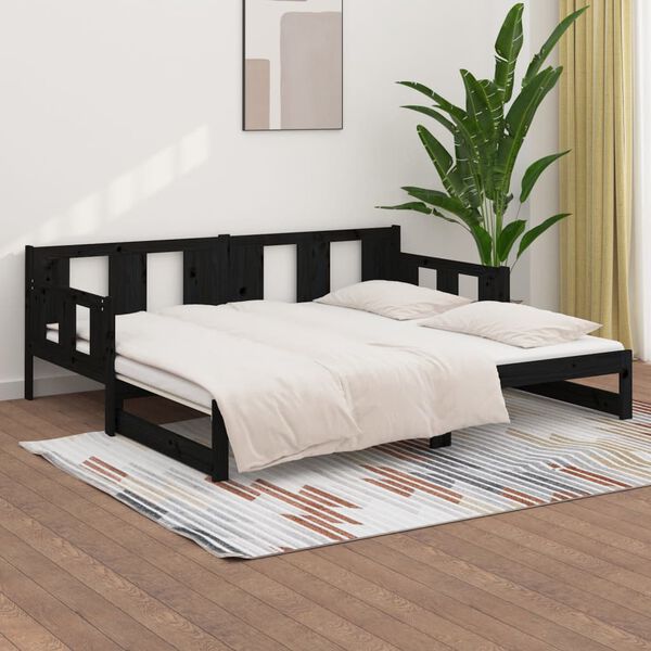 vidaXL Dormeuse Estraibile Nera in Legno Massello di Pino 2x(90x190)cm
