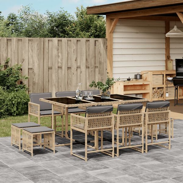 vidaXL Set Pranzo da Giardino 11 pz con Cuscini Beige Misto Polyrattan