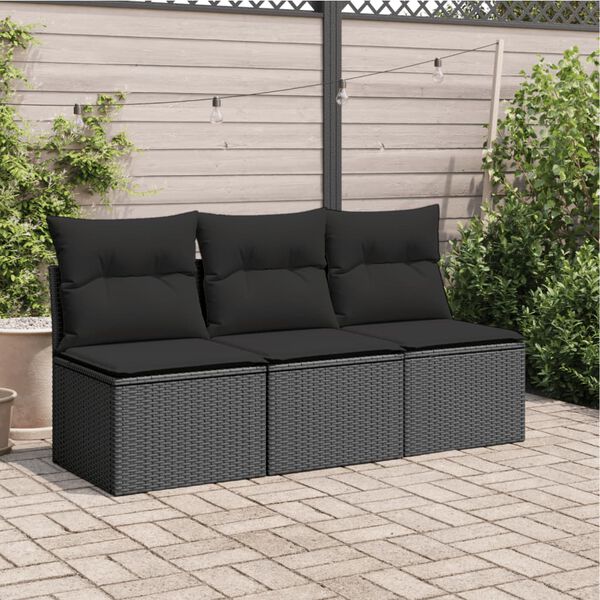 vidaXL Divano da giardino con cuscini 3 posti nero in polyrattan