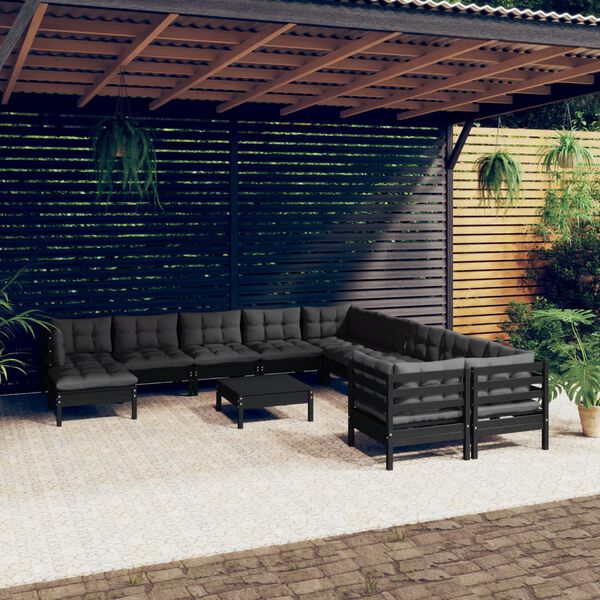 vidaXL Set Divani da Giardino 12 pz con Cuscini in Legno di Pino Nero