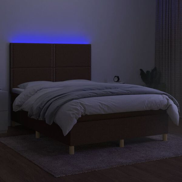 vidaXL Letto a Molle Materasso e LED Marrone Scuro 140x200 cm Tessuto
