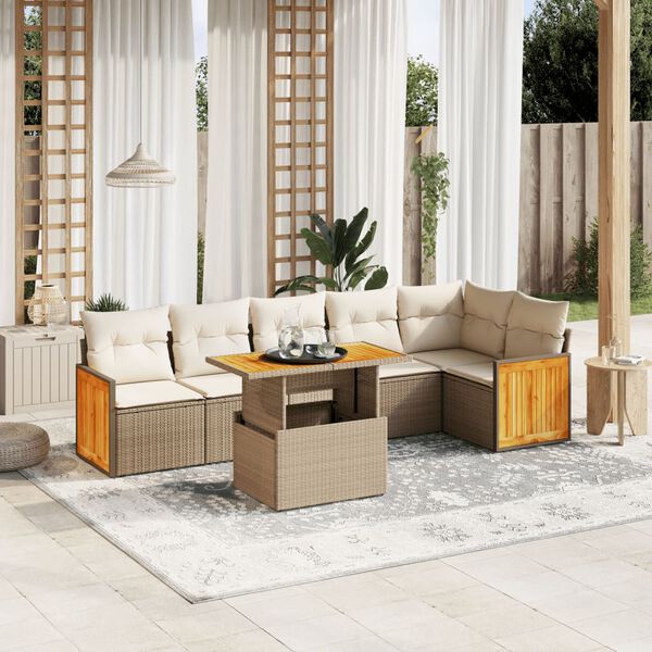 vidaXL Set Divani da Giardino 7 pz con Cuscini Beige in Polyrattan
