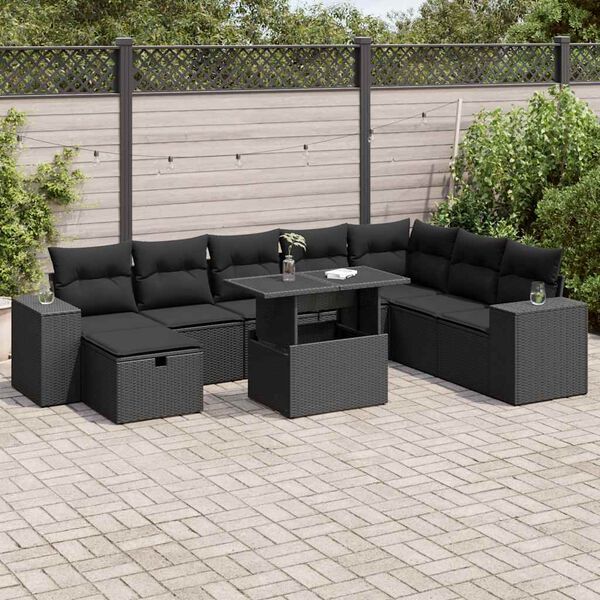 vidaXL Set Divani da Giardino 9 pz con Cuscini Nero in Polyrattan