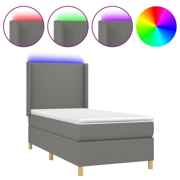 vidaXL Letto a Molle Materasso e LED Grigio Scuro 100x200cm in Tessuto