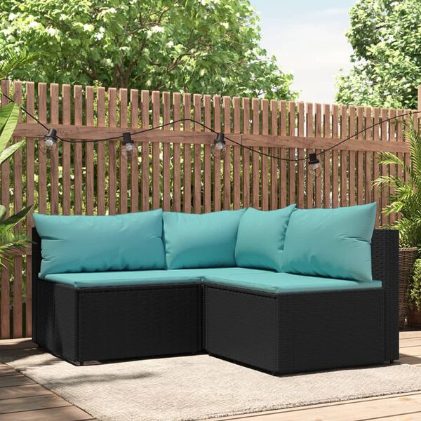 vidaXL Set Divani da Giardino 3 pz con Cuscini Nero in Polyrattan