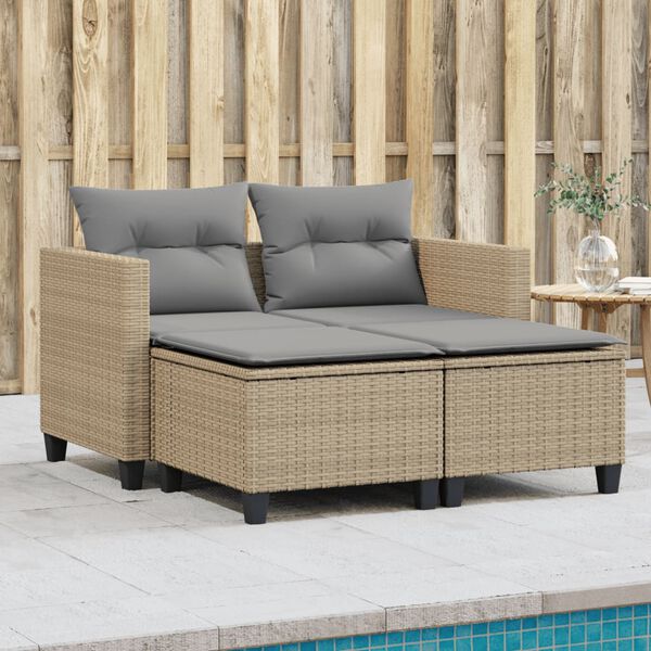 vidaXL Divano da Giardino 2 Posti con Sgabelli Beige in Polyrattan