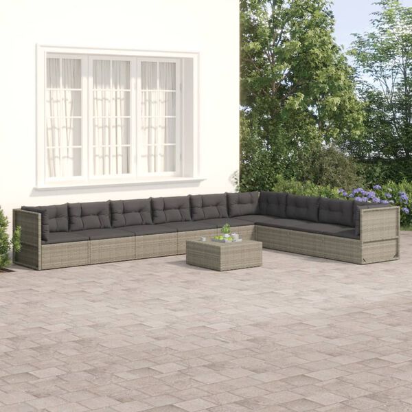 vidaXL Set Divani da Giardino 9 pz con Cuscini in Polyrattan Grigio