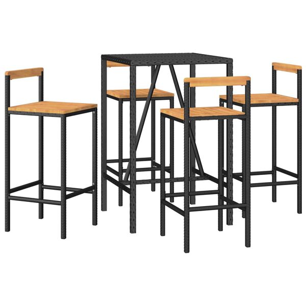 vidaXL Set Bar Giardino 5 pz Nero Polyrattan e Legno Massello Acacia
