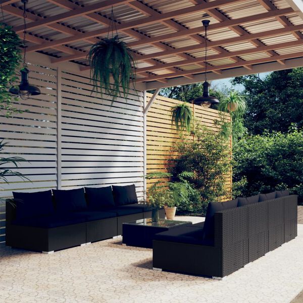 vidaXL Set Divani da Giardino 9 pz con Cuscini in Polyrattan Nero