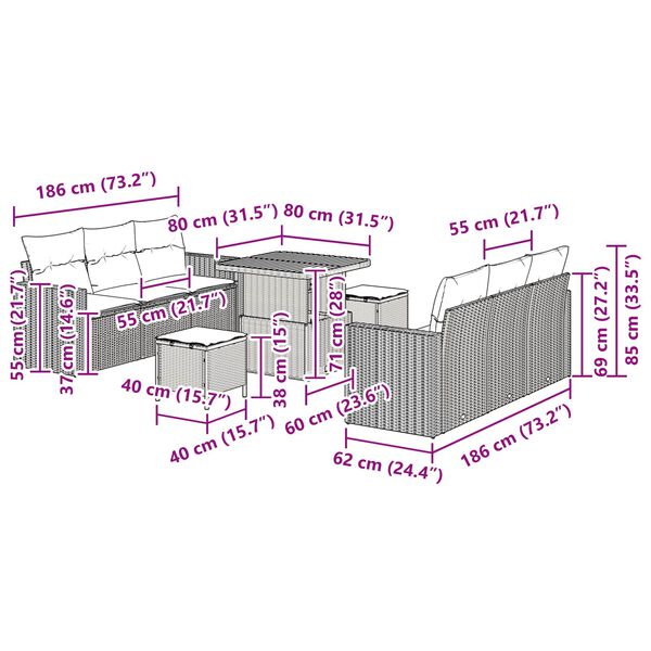 vidaXL Set Divano da Giardino con cuscino con archiviazione 9 pcs Nero