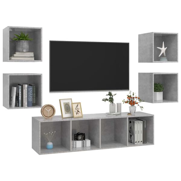 vidaXL Set Mobili TV 5 pz Grigio Cemento in Legno Multistrato