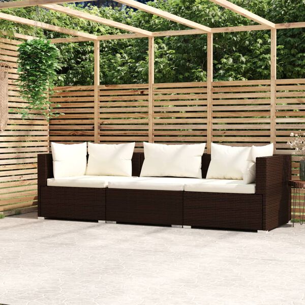 vidaXL Divano a 3 Posti con Cuscini in Polyrattan Marrone