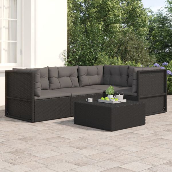 vidaXL Set Divani da Giardino 4 pz con Cuscini Nero in Polyrattan