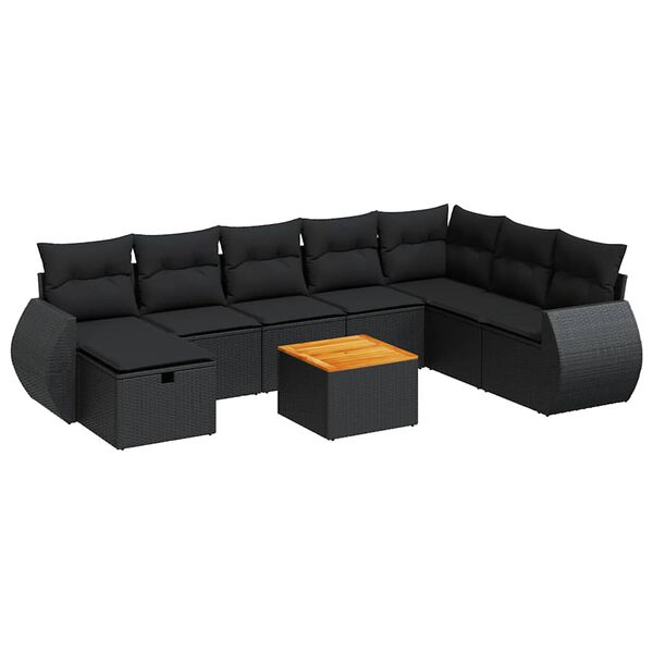 vidaXL Set Divani da Giardino 9 pz con Cuscini Nero in Polyrattan