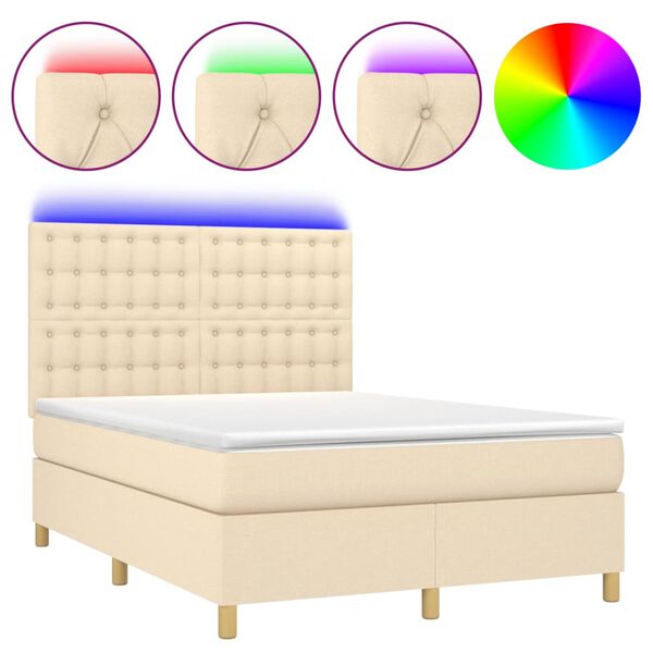 vidaXL Letto a Molle con Materasso e LED Crema 140x200 cm in Tessuto