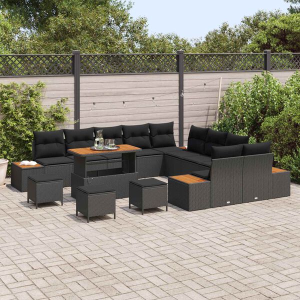 vidaXL Set Divano da Giardino con cuscino 14 pcs Nero Poly Rattan