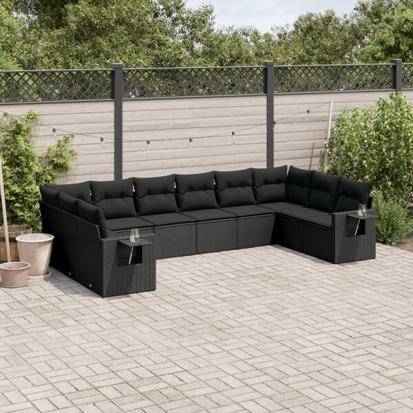 vidaXL Set Divani da Giardino 10pz con Cuscini in Polyrattan Nero