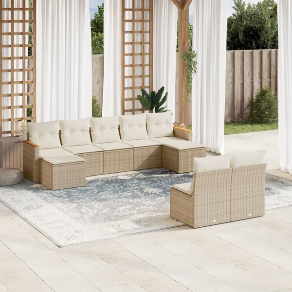 vidaXL Set Divano da Giardino 9 pz con Cuscini Beige in Polyrattan
