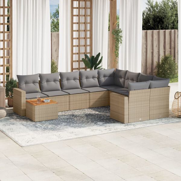 vidaXL Set Divano da Giardino 10 pz con Cuscini Beige in Polyrattan