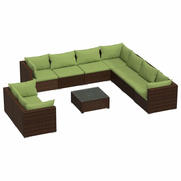 vidaXL Set Divani da Giardino 10 pz con Cuscini in Polyrattan Marrone