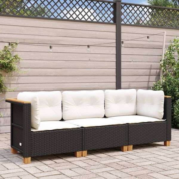 vidaXL Divano da Giardino a 3 Posti con Cuscini Nero in Polyrattan