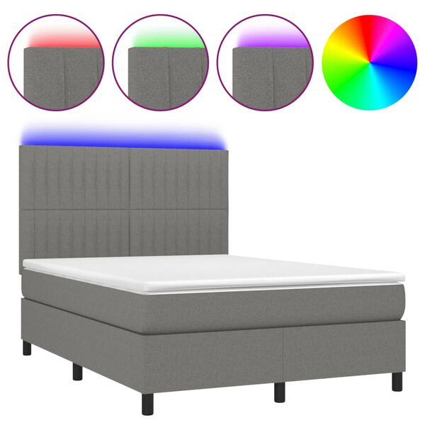 vidaXL Letto a Molle Materasso e LED Grigio Scuro 140x190cm in Tessuto